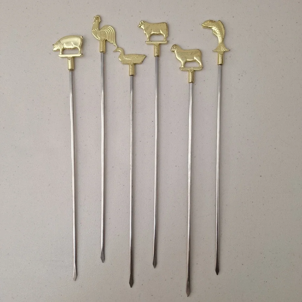 Vintage Set Of 6 Brass Skewers Tops Farm Animals 15